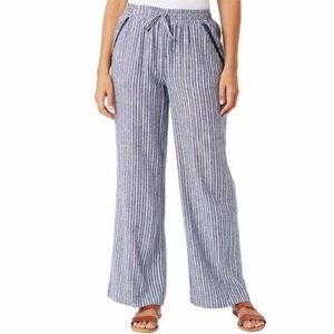 Briggs New York large Linen Blend Pants Blue Stripe wide leg stretch tie waist